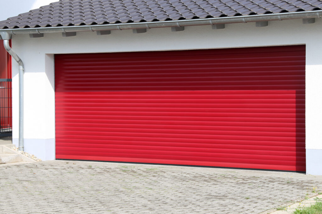 Red roller garage door.
